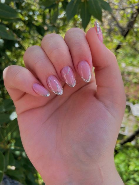 Silver And Pink Nails, Sparkly French Tip Nails, Hoco Nails, Glitter Tip Nails, Cute Pink Nails, Nail Ring, Acrylic Nails Coffin Short, Acrylic Nails Coffin, Nails Coffin