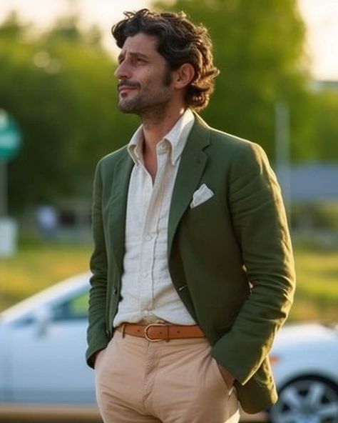 Hunter Green Blazer Outfit, Green Blazer Outfit Men, Green Blazer Outfit, Green Jacket Outfit, Green Suit Jacket, Casual Wedding Attire, Wedding Outfits For Groom, Blue Suit Wedding, Beige Chinos