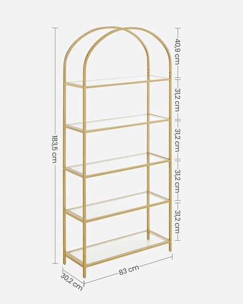 VASAGLE 5 Tier Shelf, Tempered Glass Shelving Unit, Arched Design, Steel Construction, for Living Room, Working Bathroom, Golden Color LGT050A01 : Amazon.co.uk: Home & Kitchen Golden Shelves, 5 Tier Shelf, Ladder Shelving Unit, Glass Shelving Unit, Glass Shelving, Arched Design, Tier Shelf, Standing Shelves, Sweet Shop