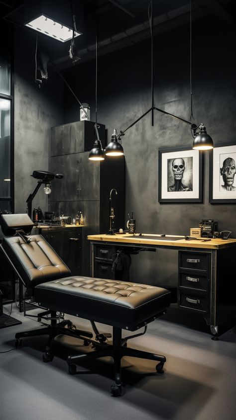 Luxury Tattoo Studio, Modern Tattoo Shop Interior, Small Tattoo Studio Interior, Tattoo Shop Design, Tattoo Room Ideas, Tattoo Studio Aesthetic, Tattoo Shop Aesthetic, Photography Studio Interior Design, Gothic Home Interior