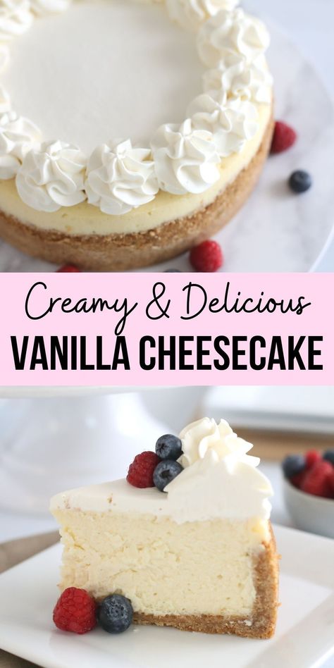 Vanilla cheesecake is a smooth and creamy New York style cheesecake that is light and fluffy. The perfect easy homemade vanilla cheesecake recipe. Simple Vanilla Cheesecake Recipe, Vanilla Bean New York Cheesecake, Light Fluffy Cheesecake, Light And Creamy Cheesecake, Light And Fluffy Cheesecake Recipe, Light Fluffy Cheesecake Recipes, Best Ever Cheesecake, French Cheesecake Recipe, 6in Cheesecake Recipe