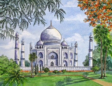 Indian Historical Monuments Drawing, Indian Monuments Paintings, India Watercolor Painting, Historical Monuments Drawing, Indian Monuments Sketches, Indian Monuments Drawings, Indian Landscape Paintings, Monuments Drawing, Monument Drawing