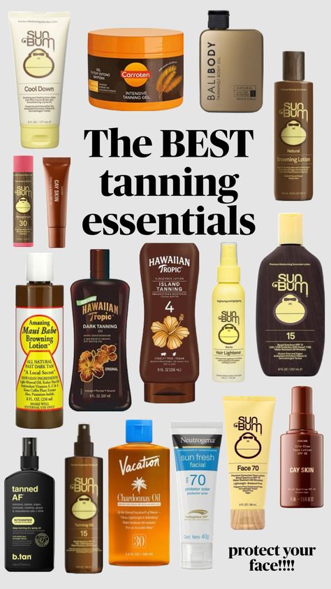 MUST HAVES for summer tanning<3 don’t forget to protect your face and use SPF so you don’t burn!!! #summer #tanning #essentials #wishlist #nature #vacation #beach #tan #sun #sunbum #aesthetic #preppy Tanning Schedule, Tanning Essentials, Tanning Routine, Summer Hacks, Sunburn Relief, How To Get Tan, Beach Tan, Tanning Tips, Aesthetic Preppy