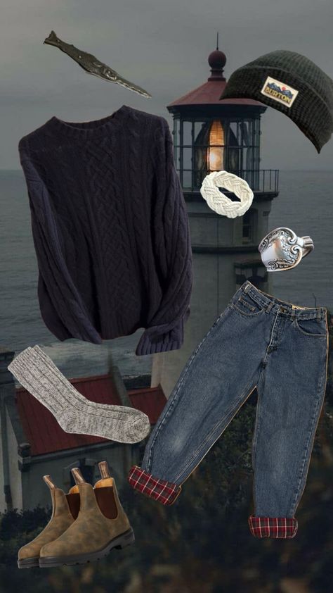 Winter Fishing Outfit, Shipwreck Aesthetic Outfit, Lighthouse Core Outfits, Old Fisherman Aesthetic, Lighthouse Aesthetic Outfits, Coastal Town Outfit, Lighthousecore Outfit, Lighthouse Keeper Outfit, Nautical Aesthetic Outfit