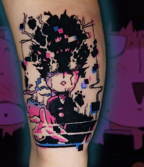 Glitchy mob psycho 100 Tattoo Unique Anime Tattoos, Anime Tattoos Ideas, Mob Tattoo, Bleach Tattoo, Manga Tattoo, 100 Tattoo, Tattoo Parlor, One Piece Tattoos, Naruto Tattoo