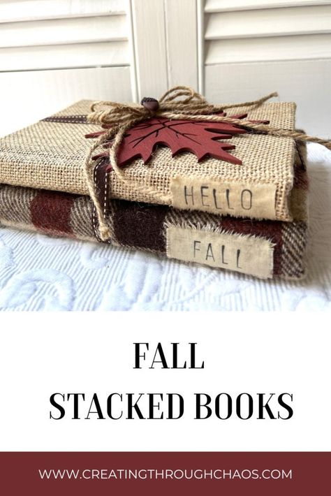 Fabric Covered Books Diy, Fall Book Crafts, Wooden Book Stacks Diy, Fake Books Decor Diy, Fall Book Stacks Decor, Stacked Books Decor Diy, Diy Book Stacks, Diy Fall Crafts To Sell, Fall Book Stack Diy