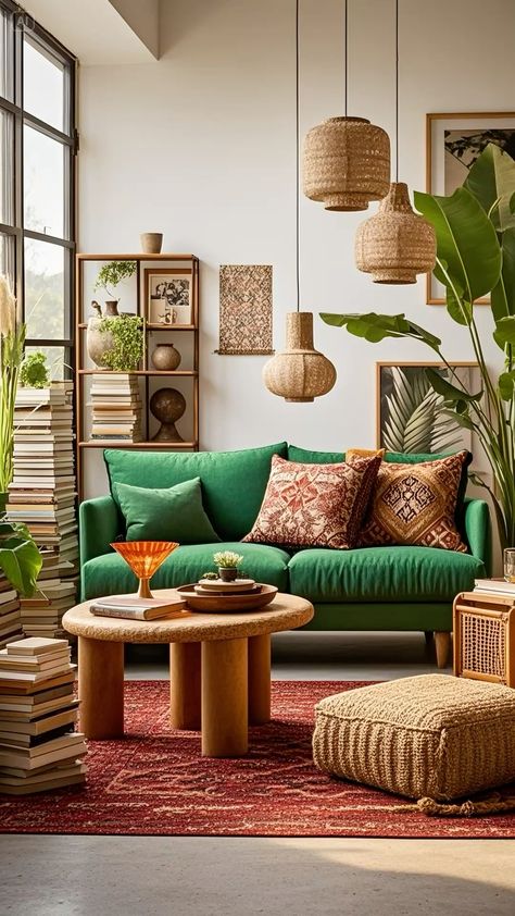 A living room that feels timeless and collected, with vintage furniture and bohemian accents. A tufted velvet sofa pairs with a rustic wooden coffee table, while patterned rugs and mismatched cushions create a cozy, eclectic atmosphere. The walls feature gallery-style artwork in gold frames, and a floor lamp with a fringed shade adds vintage charm.