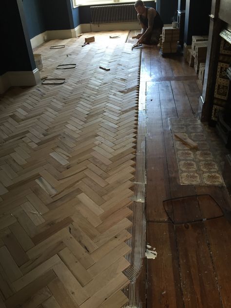 Out with the old, in with the new! Reclaimed Oak Parquet vs Pine Oak Parquet, Reclaimed Oak, Hereford, Parquet Flooring, The Old, Hardwood Floors, Amsterdam, Tile Floor, House Interior