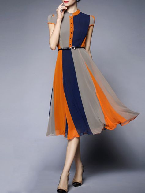 Blue Color-block Short Sleeve A-line Stand Collar Midi Dress Sukienki Maksi, Gaun Koktail, Gored Skirt, Chiffon Midi Dress, Block Dress, Skirt Midi, Colour Combination, Colorblock Dress, Colour Block