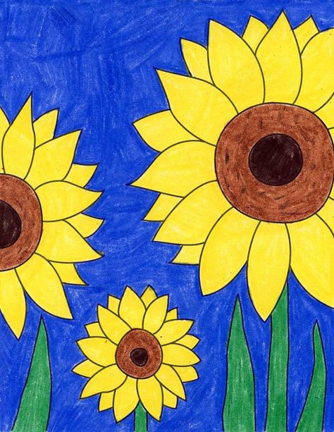 How to Draw a Sunflower · Art Projects for Kids Draw Sunflower, Sky Tutorial, Sunflower Cartoon, Flower Drawing For Kids, Tulip Tutorial, Sunflower Art Project, Sunflower Tutorial, Sunflower Coloring, Sunflower Coloring Pages