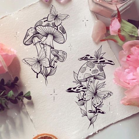 Mushrooms And Butterflies Tattoo, Flower Mushroom Tattoo, Enchanted Tattoo Ideas, Mushroom Butterfly Tattoo, Mushroom Flower Tattoo, Mushroom And Flowers Tattoo, Shroom Tattoo, Bristol Tattoo, Woodland Drawing