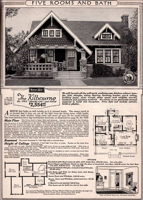 The Kilbourne  1923 SEARS ROEBUCK MODERN HOMES         A steeper than usual roof pitch adds a bit of the English Cottage to an otherwise very Craftsman-style bungalow home. The facade is particularly handsome with the two forward gables and the large front porch and terrace. Inside, it is very modern with an open floor plan and easy access from one room to the next. Convenience was clearly a consideration when Sears' designers planned the Kilbourne.: Adu Plans, Sears Catalog Homes, Sears Kit Homes, Retro Homes, Craftsman Style Bungalow, Style Bungalow, Roof Pitch, Craftsman Homes, Craftsman Cottage