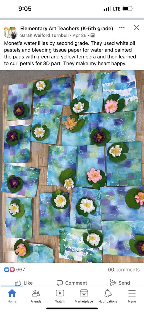 Spring Art Second Grade, Watercolor Art Grade 1, Spring Time Art Projects, K5 Art Projects, April Art Kindergarten, Picture Book Art Projects, Tissue Paper Elementary Art, 3rd Grade Art Lessons Spring, Monet Elementary Art Lessons