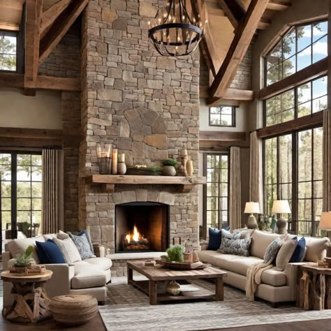 Cozy living room with stone fireplace, large windows, and rustic wooden beams. Mountain House Living Room Sofas, Room Tattoos, Mountain Homes Interiors, Barndo Interior, Lodge Interior Design, Mountain House Interior, Paint Living Room, Mountain Living Room, Mountain Interior Design