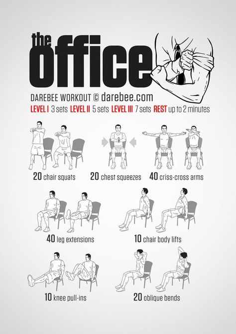 No-equipment office workout for all fitness levels. Visual guide: print & use. Office Chair Workout, Darebee Workout, Office Workout, 100 Workout, Desk Workout, Office Exercise, Chair Exercises, Workout At Work, Trening Fitness