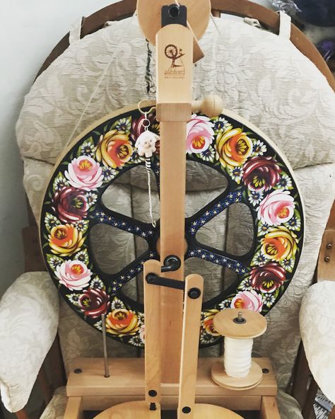 My hand painted wheel by Melanie Clare a Lincolnshire Canal artist Painted Spinning Wheel, A Frame House Interior, Ashford Spinning Wheel, Yarn Making, Rigid Heddle Weaving, Wheel Art, Spinning Wheels, Frame House, Spinning Yarn