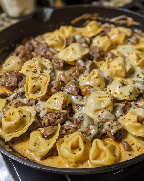 Tortellini Stroganoff, Nonnas Italian Recipes, Cheesesteak Tortellini, Hamburger Dinner, Cooking Projects, 100 Anniversary, Cheese Steak Sandwich, Tortellini Recipes, Tortellini Pasta