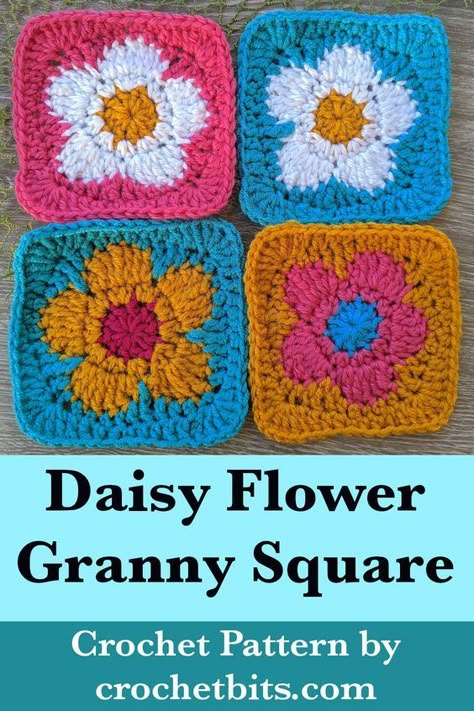 Learn how to crochet a daisy flower granny square by following this step-by-step tutorial. #dasiygrannysquare #flowergrannysquare #crochetflowersquare #crochetpattern #crochet #howtocrochet#crochetgrannysquare #grannysquare #crochetsquare #crochetgranny Daisy Flower Granny Square, Flower Granny Square Pattern, Crochet Flower Granny Square Pattern, Granny Square Pattern Free, A Daisy Flower, Motifs Granny Square, Crochet Flower Squares, Flower Granny Square, Granny Square Crochet Patterns Free