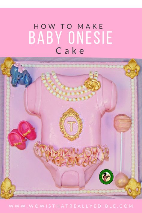 Princess Baby Onesie Cake|Learn how I made an easy Baby Onesie Cake using a template with ruffles, and pearls. Also learn how to make an easy fondant elephant topper Fondant Princess, Onesie Cake, Fondant Baby Shoes, Easy Fondant, Fondant Elephant, Princess Onesie, Shoes Tutorial, Baby Shoes Tutorial, Handbag Cakes