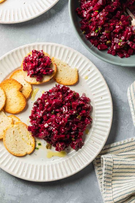 Looking for a meat free alternative to traditional tartare? Try this beetroot tartare. Made with delicate, earthy beets balanced with flavorful Dijon, capers and onion this beet tartare recipe creates a beautiful vegetarian dish that will impress your guests. Beet Tartare Recipe, Beetroot Appetizer, Beets Appetizer, Beet Appetizer, Beetroot Tartare, Beet Tartare, Graduation Menu, Party Planning Food, Tartare Recipe