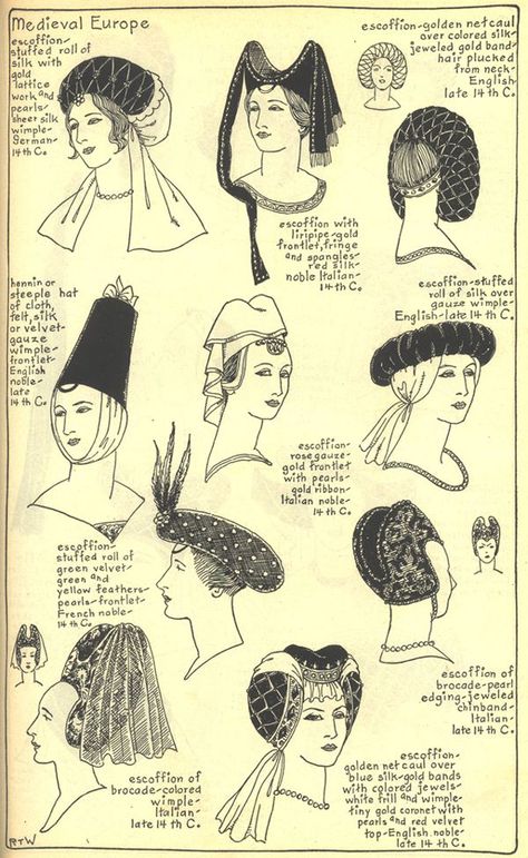 Headdresses during this time was important as it told status in society and/or occupation. Women had to cover their heads. Medieval Hats, Historical Hairstyles, Historical Hats, Medieval Hairstyles, Medieval Clothes, Medieval Woman, Late Middle Ages, Medieval Costume, Medieval Clothing