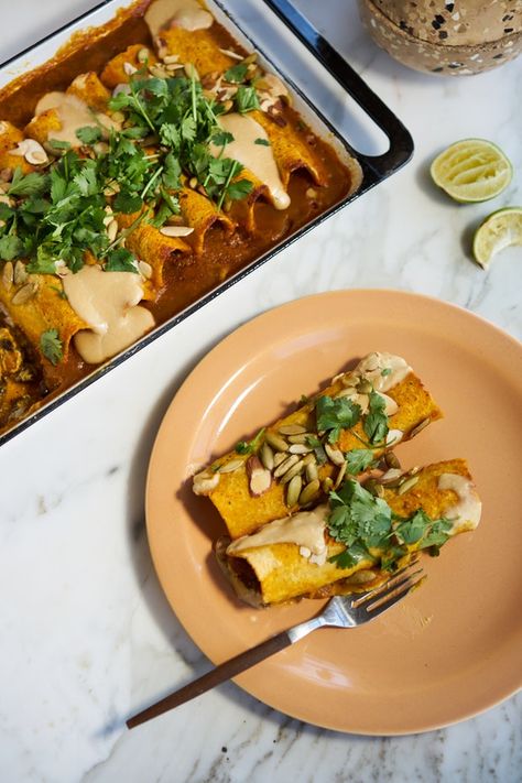 Quick Vegan Enchiladas with Sweet Potato Sauce Sweet Potato Sauce, Potato Enchiladas, Enchiladas Recipes, Heidi Swanson, Potato Sauce, 101 Cookbooks, Great Vegan Recipes, Vegan Enchiladas, Quick Vegan