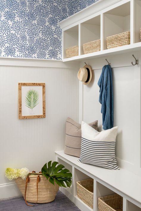 Mudroom Wallpaper | Lake House | Cottage | Coastal Home | Coastal Design | Beach House | #wallcoverings #wallcoveringideas #wallcoveringdesign #wallcoveringwallpaper #interiordesign #interiordesigntips #homedecor #homedecorideas #lakehouse #cottage #coastalhome #beachhouse Mudroom Design Wallpaper, Laundry Room Peel And Stick Wallpaper Coastal, Coastal Mud Rooms, Beach House Wallpaper Ideas, Wallpaper In Mudroom Entryway, Wallpaper For Mudroom Entryway, Lake House Wallpaper Ideas, Wallpapered Mudroom, Mudroom With Wallpaper