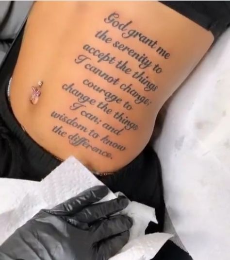 Writing Stomach Tattoos, Tattoos Representing God, Script Side Tattoos Women, Full Back Tats Women, Tattoo Ideas Female Quotes Inspirational, Stomach Quote Tattoos, Stomach Writing Tattoo, Stomach Tattoo Ideas Female, Quote Tattoos For Women Meaningful