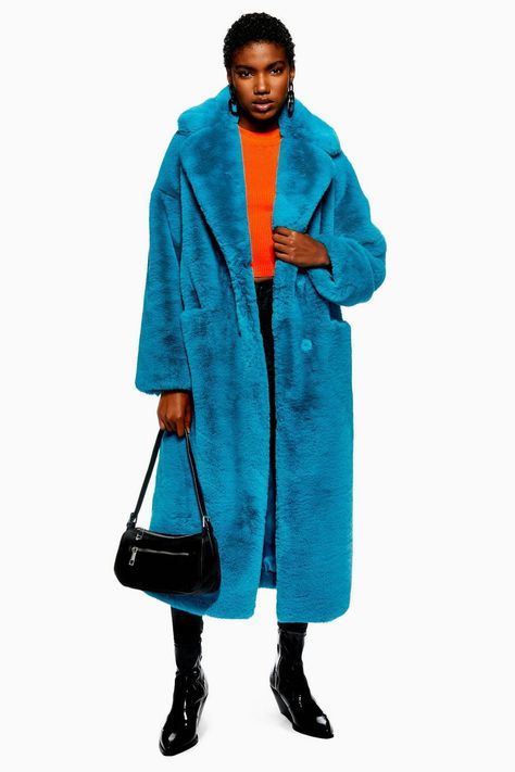 Luxe Faux Fur Coat - Jackets & Coats - Clothing - Topshop Europe Fall Streetwear Outfits, Blue Faux Fur Coat, Fur Coat Outfit, Fall Streetwear, Streetwear Outfit Ideas, Long Faux Fur Coat, Lovely Places, Blue Coat, Dress The Population