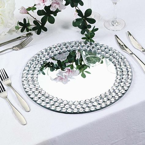 Set of 2 | 13" Round Silver Mirror Glass Charger Plates with Diamond Beaded Rim | eFavormart Silver Charger Plates, Wedding Dinnerware, Silver Chargers, Christmas Dining Table Decor, Glass Charger Plates, Christmas Dining Table, Candle Displays, Formal Dinner, Silver Mirror