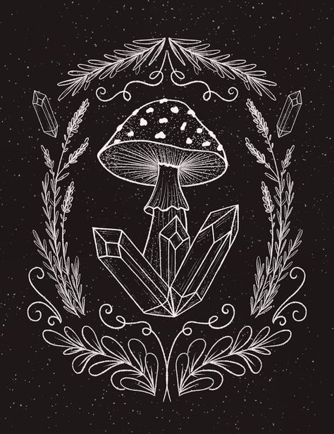 Mushroom With Crystals Drawing, Mushroom Posters Aesthetic, Crystals And Mushrooms, Crystal Posters, Crystal Poster, Witch Mushroom, Mushroom Witch, Mushroom Background, Hipster Drawings