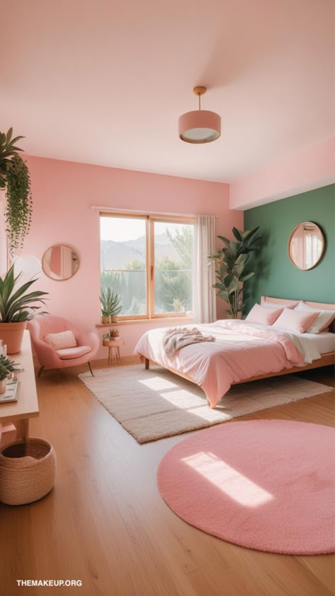 Boho Bedroom Ideas: Dreamy Decor Inspiration Boho Bedroom Pink And Green, Pink Bedroom Plants, Green And Pink Bedroom Kids, Single Female Bedroom Ideas, Green And Pink Bedroom Aesthetic, Girls Green Bedroom Ideas, Girly Adult Bedroom, Pink And Green Room Aesthetic, Green Pink Bedroom