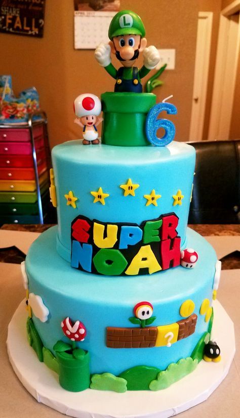 Super Mario Cake And Cupcakes, Super Mario 2 Tier Cake, Super Mario Brothers Birthday Cake, Luigi Cake Birthdays, Luigi Birthday Cake, Lego Torte, Super Mario Birthday Cake, Super Mario Bros Cake, Luigi Cake