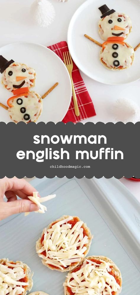 Snowman English Muffin Personal Pizza (A Winter Snack Idea!) - Snowman Snacks, English Muffin Breakfast Pizza With Gravy, Pizza English Muffins, English Muffin Pizza Oven, Pizza On English Muffin, Mini Pizza On English Muffin, Vegan English Muffins, Snowman Pizza, Christmas Pizza