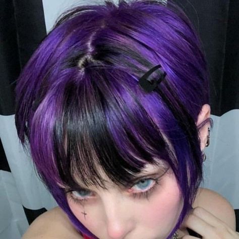 Unique Mid Length Hairstyles, Purple And Black Hair Aesthetic, Black And Colored Hair Short, Violet Hair Ideas, Violet Dyed Hair, Hair Dye Section Ideas, Violet Hair Aesthetic, Violet And Black Hair, Purple Alt Hair