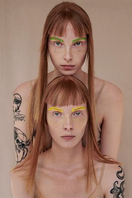 Twins Fashion Photography, Twin Photoshoot Models, Twins Photography Models, Lipstick Outline, Bangs Woman, Colorful Eyebrows, Redhead Twins, Stickers On Face, Woman With Bangs