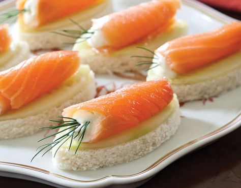 “These scrumptious salmon canapés are perfect any time of day.” Potluck Meals, Salmon Canapes, Salmon Cucumber, Cocktail Food, Tea Party Sandwiches, Tea Sandwiches Recipes, Afternoon Tea Recipes, Tea Time Food, Party Sandwiches