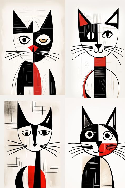 Picasso Style Cat Digital Print, Set of Four prints, Abstract Cat Art Cat Art Simple, Picasso Inspired Art, Picasso Cat, Abstract Cat Art, Abstract Cats, Modern Cat Art, Animal Line Drawings, Cat Art Painting, Pop Art Cat