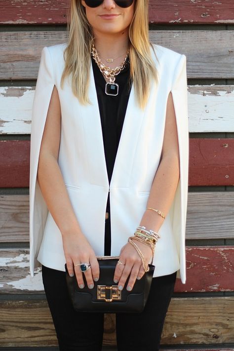 White Cape, BCBG Cape, Blazer, Black and White, Winter white, Express Jeans, White and Black Cape Blazer Outfit, White Cape Blazer, Cape Outfit, Professional Outfit, White Cape, Cape Blazer, Fashionable Work Outfit, Elegant Dresses Classy, Woman Suit Fashion