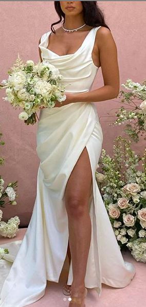 Silk Bustier Wedding Dress, Elegant Wedding Dress Big Bust, Simple Wedding Dress Cowl Neck, Bridal Dresses Open Back, Modern Elegant Wedding Dress Aline, Draped Silk Wedding Dress, White Satin Engagement Dress, Wedding Dresses Fuller Bust, Fitted Reception Dress