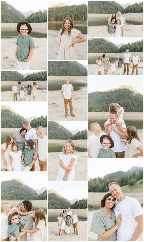 Family Beach Pictures Green Outfits, Color Schemes For Spring Family Pictures, Summer Mountain Family Photo Outfits, Sage Green Family Photoshoot, May Family Pictures, Family Photos Sage Color Schemes, Mint Family Pictures Outfits, Family Beach Pictures Sage Green, Sage Green Color Scheme Family Photos