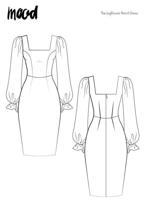 Sleek Silhouettes and Sheer Sleeves: The Jugflower Pencil Dress Free Sewing Pattern Pencil Dress Sewing Pattern, Mood Fabrics Dress, Mood Fabrics Free Pattern Dress, Free Sleeve Pattern, Free Pattern Dress, Pencil Dress Pattern, Sewing Patterns Dress, Free Dress Pattern, Mood Patterns