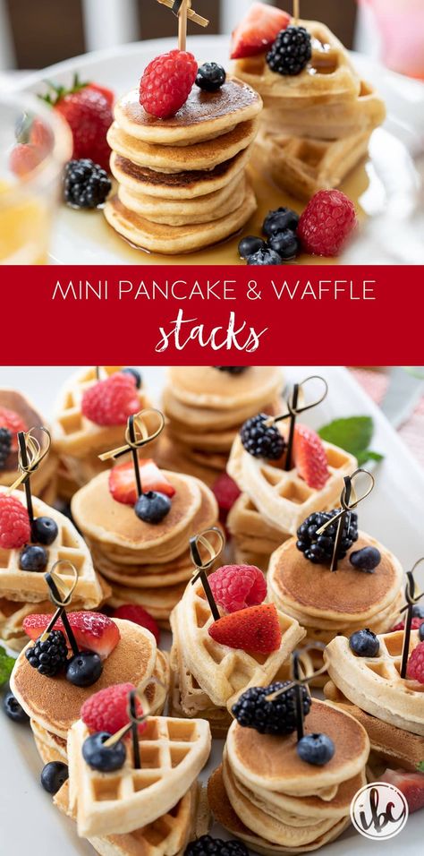 Looking for breakfast or brunch inspiration? You're going to love these mini pancakes. These adorable stacks of fluffy goodness are the perfect blend of flavors and fun. #easyrecipe #breakfastideas #minipancakes #brunchideas Mini Waffles Brunch, Brunch Mini Pancakes, Mini Pancake Stacks, Easy Birthday Brunch Ideas, Ladies Breakfast Ideas, How To Make Mini Pancakes, Wedding Waffles, Mini Brunch Food Ideas, Sleepover Food Snacks