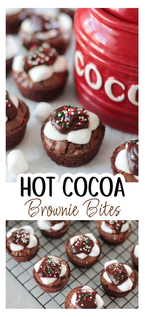 Mini Christmas Brownies, Hot Cocoa Mix Brownies, Brownie Bites Christmas, Hot Cocoa Brownie Cups, Mini Brownie Bites Christmas, Hot Cocoa Treats, Christmas Brownie Bites, Hot Cocoa Desserts, Brownie Bite Ideas