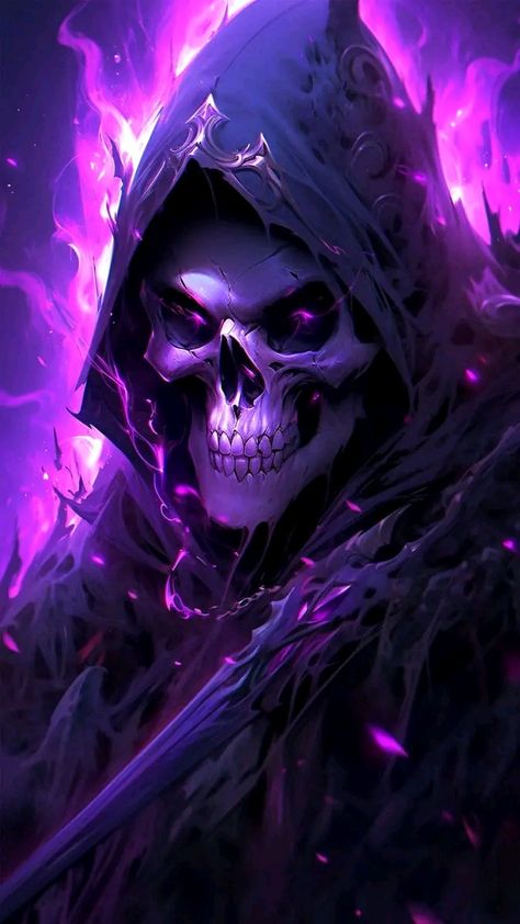 Flaming Skeleton, Purple Skeleton, Colorful Skull Art, Grim Reaper Art, Purple Flame, Harley Quinn Artwork, Skull Art Drawing, Dragon Artwork Fantasy, Live Screen Wallpaper