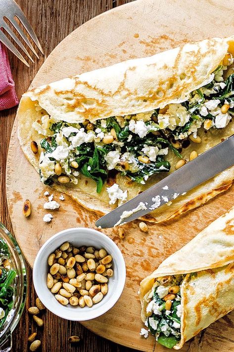 Pancake Fillings, Greek Spanakopita, Savoury Pancake Recipe, Savoury Pancakes, Lunch Wraps, Tesco Real Food, Spinach Ricotta, Savory Crepes, Savory Pancakes