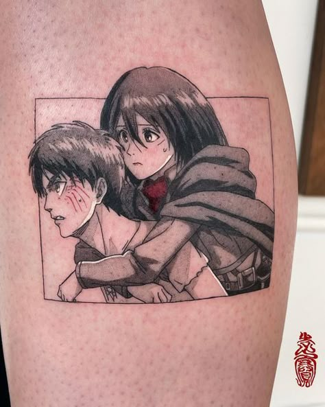 Sai /sigh/ on Instagram: "Eren and Mikasa for Danica. Took 3 hours. Done at @monomoontattoo" Attack On Titan Tattoo Ideas, Girlfriend Tattoos, Bleach Tattoo, Attack On Titan Tattoo, Framed Tattoo, Manga Tattoo, Sibling Tattoos, Cool Chest Tattoos, Moon Tattoo Designs