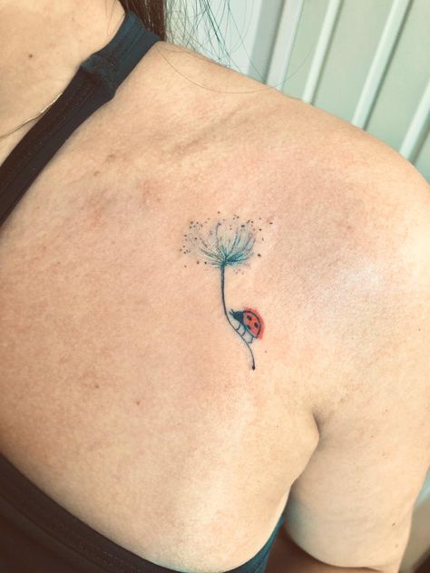 #ladybug #ladybugtattoo #smalltattoos #dandelion #dandeliontattoo #wishes #colortattoo Ladybug Matching Tattoos, Mom And Daughter Ladybug Tattoos, Dandelion And Ladybug Tattoo, Ladybug Tattoo Design, Ladybug Dandelion Tattoo, Small Lady Bug Tattoos, Love Bug Tattoo, Ladybug Tattoo Ideas, Delicate Ladybug Tattoo