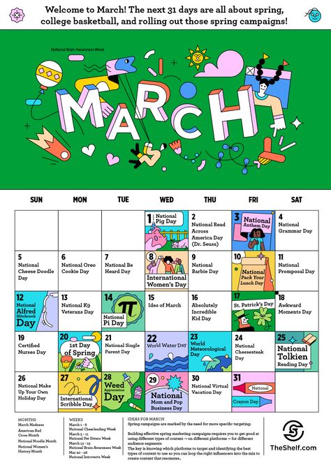 Planning your social media content for March? We have some quirky, fun post ideas that will help you get in front of all the different segments of your target audience. #influencermarketing #digitalmarketing #socialmediamarketing #marketingtips #marketingstrategy #marketingagency #marketingideas #theshelf Calendar Infographic, National Grammar Day, Calendar Design Ideas, 2023 Social Media, National Pig Day, Dentist Day, Social Media Posting, Punxsutawney Phil, Posting Ideas