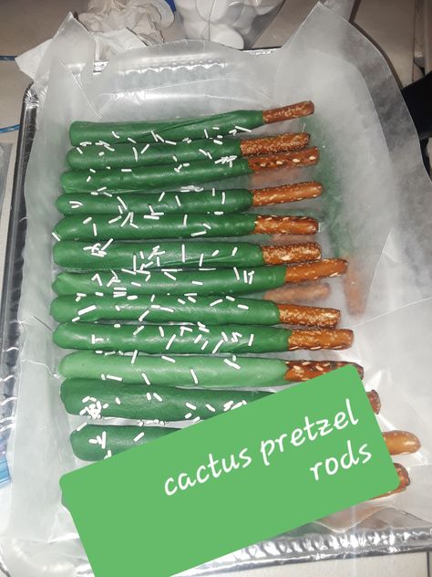 Pretzel Cactus Sticks, Cactus Pretzel Sticks, Cactus Pretzel Rods, Pretzel Rods, Pretzel Sticks, Baby Shower Gender Reveal, Wild West, Gender Reveal, 1st Birthday